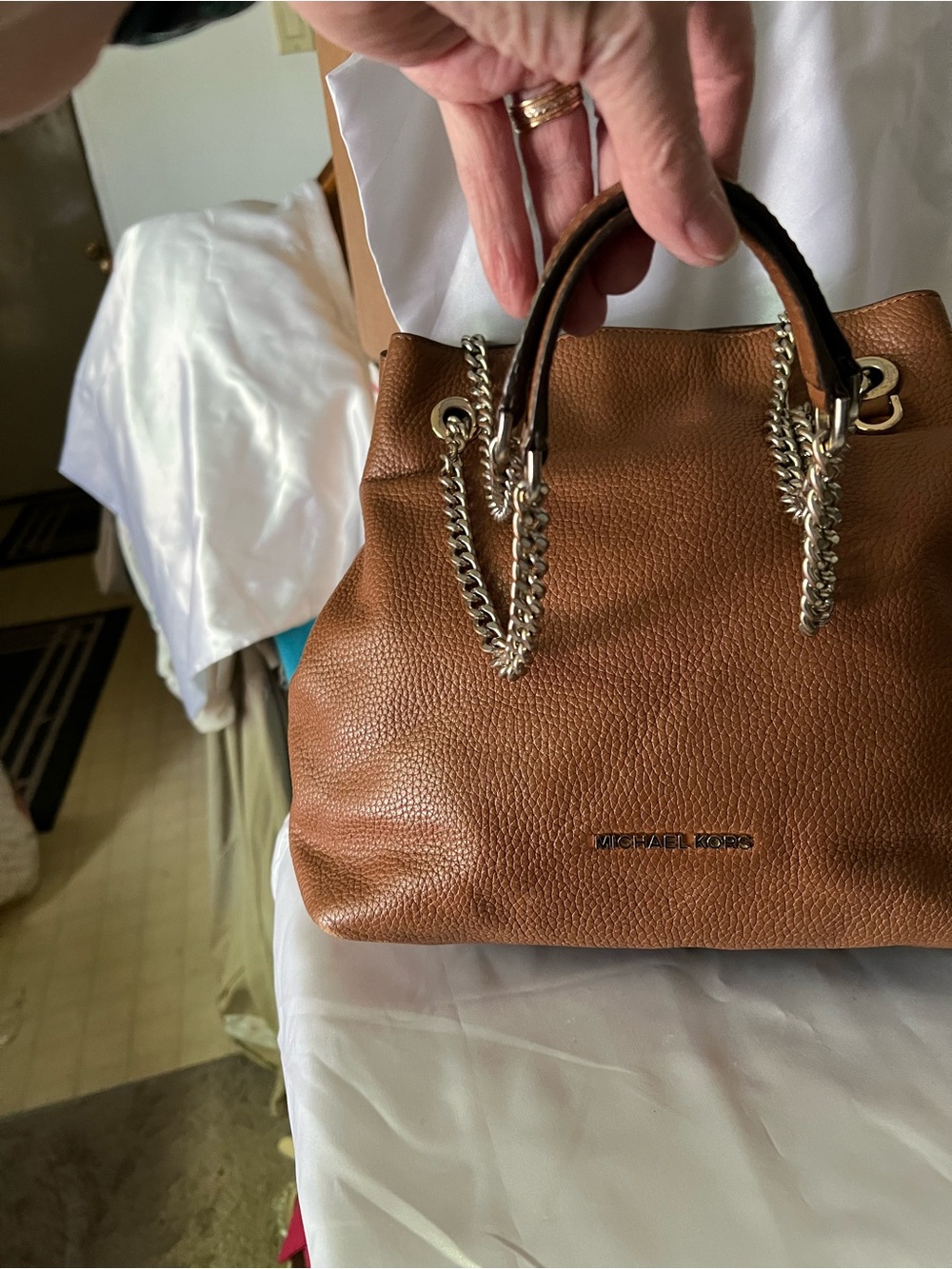 Michael Kors Cognac Pebbled Leather Crossbody Bag with Chain Straps - Picture 2 of 12